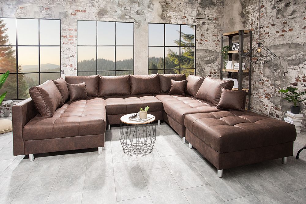 Moderne XXL Wohnlandschaft KENT 305cm antik braun Federkern Bigsofa inkl. Hocker