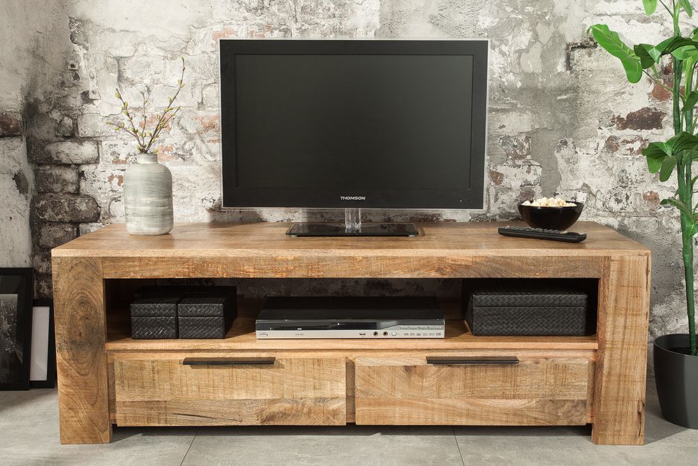 Massives TV-Board IRON CRAFT 130cm Mangoholz Lowboard 2 Schubladen