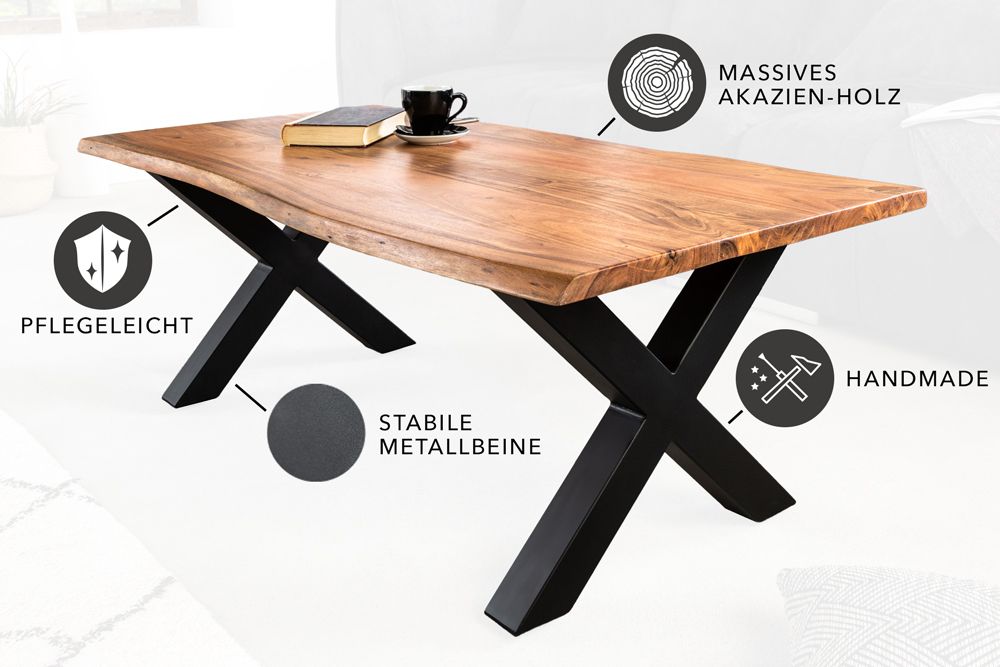 Massivholz Couchtisch MAMMUT 120cm Akazie Honey Finish X-Gestell schwarz 2,5cm Tischplatte