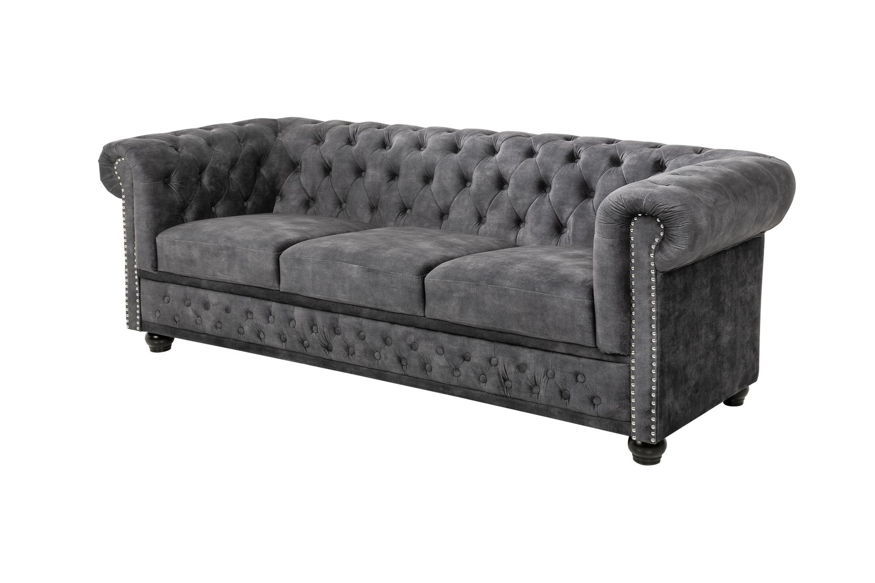 Chesterfield 3-Sitzer Sofa 205cm grau Samt Federkern Knopfheftung