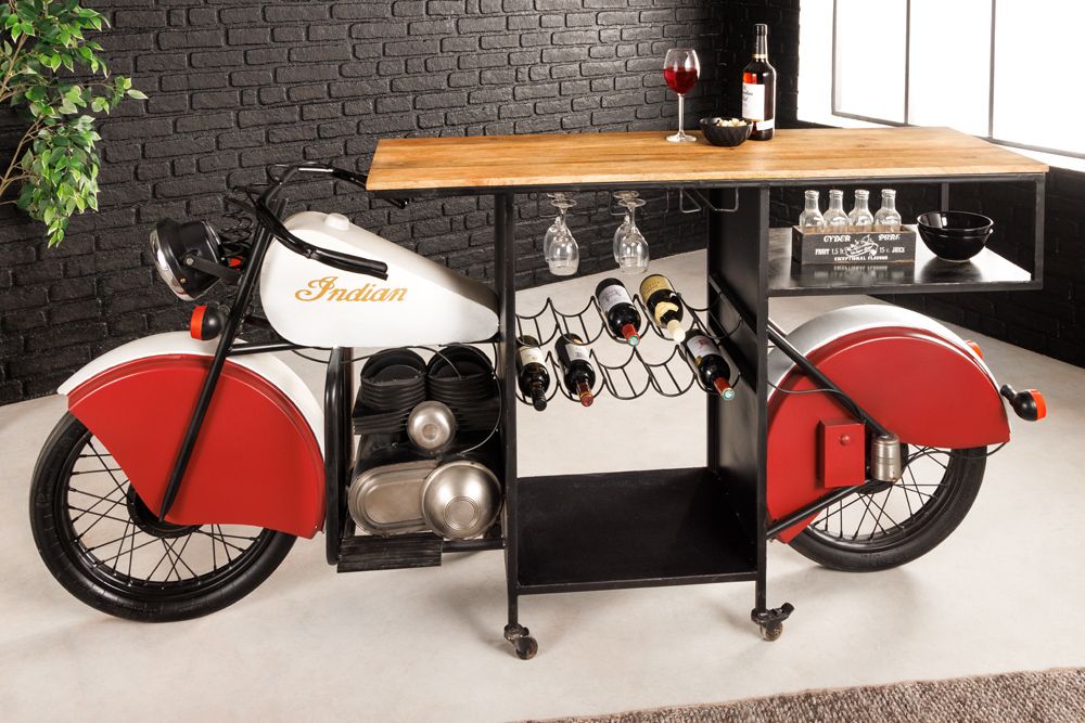 Design Bartisch EASY RIDER 230cm weiß rot schwarz Mangoholz Motorrad Upcycling
