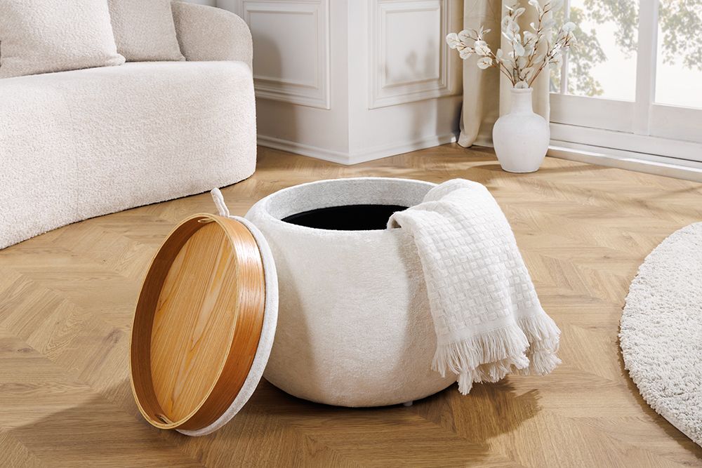 Runder Couchtisch ORBIT 50cm beige Bouclé Hocker mit Tablett und Stauraum