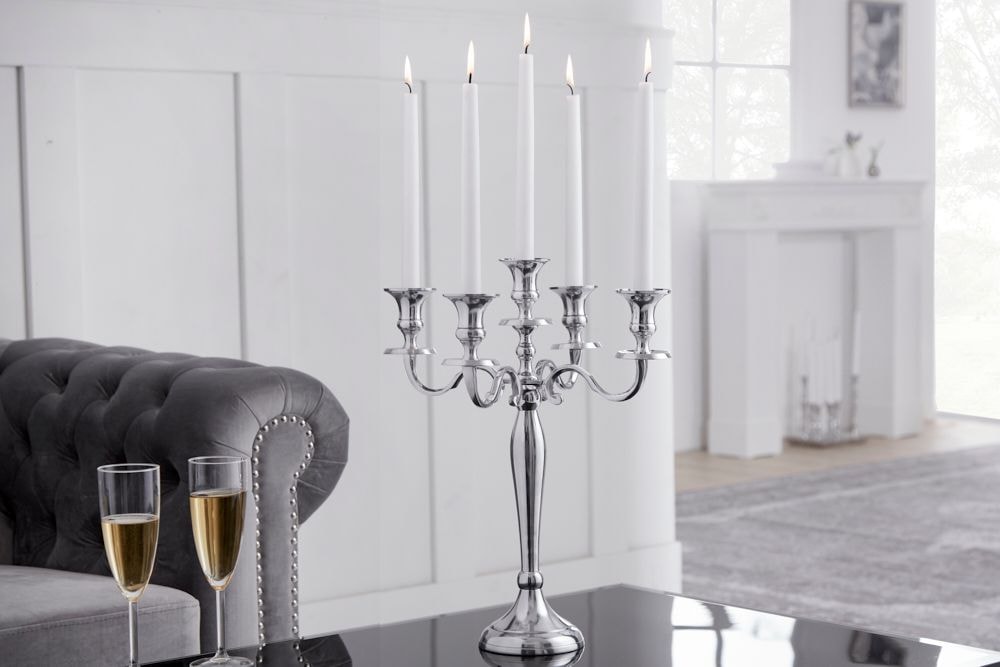 Kerzenständer MODERN BAROCK 40cm silber 5-armig Lüster Aluminium poliert Kerzenhalter