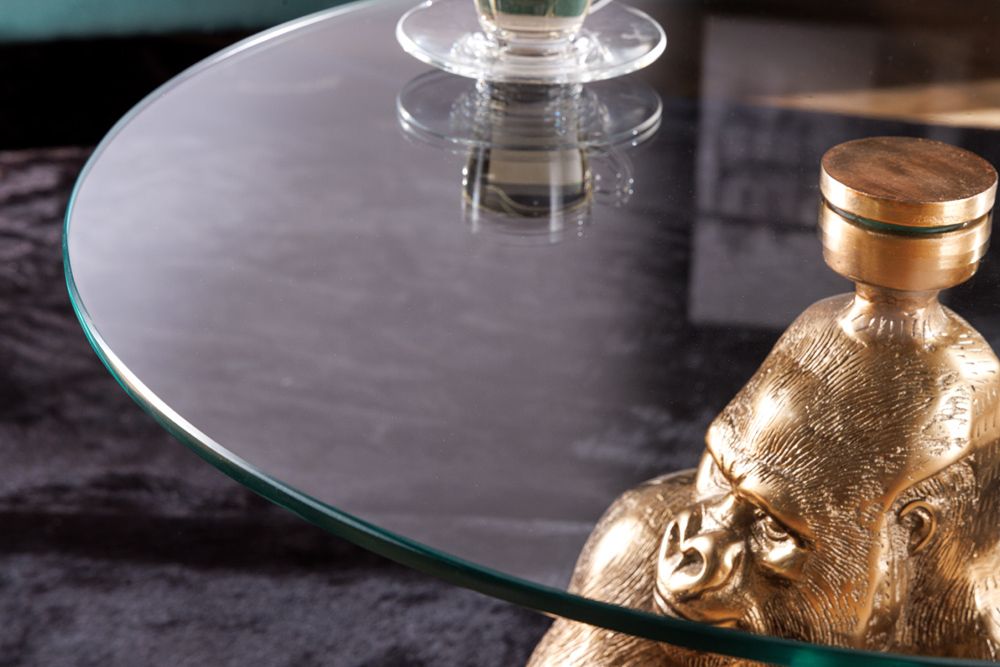 Runder Couchtisch WILDLIFE KONG 60cm gold Metall Glas Affenfigur Gorilla Skulptur handmade