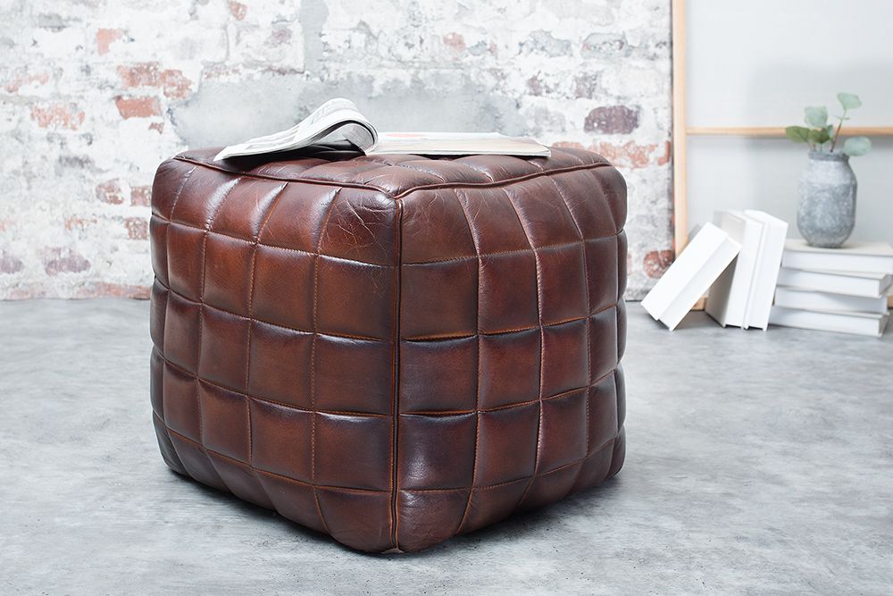 Retro Hocker RIDER 40cm braun Echtleder mit Ziersteppung