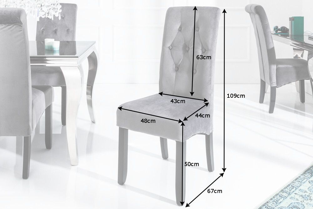 Design Stuhl CASA grau Samt mit Zierknöpfen Massivholzbeine