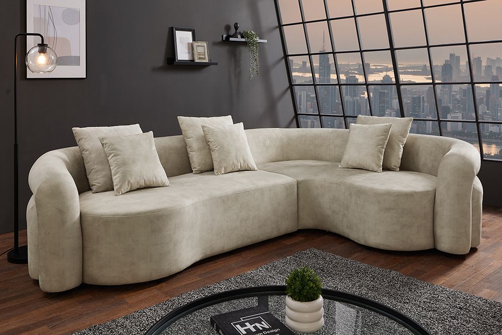 Retro Wohnlandschaft VOGUE 290cm beige Samt XXL-Sofa organische Form inkl. Kissen