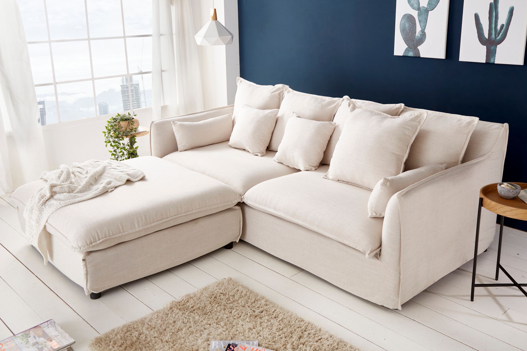 Großes 3-Sitzer Sofa HEAVEN 200cm natur beige Leinenstoff Federkern Hussensofa