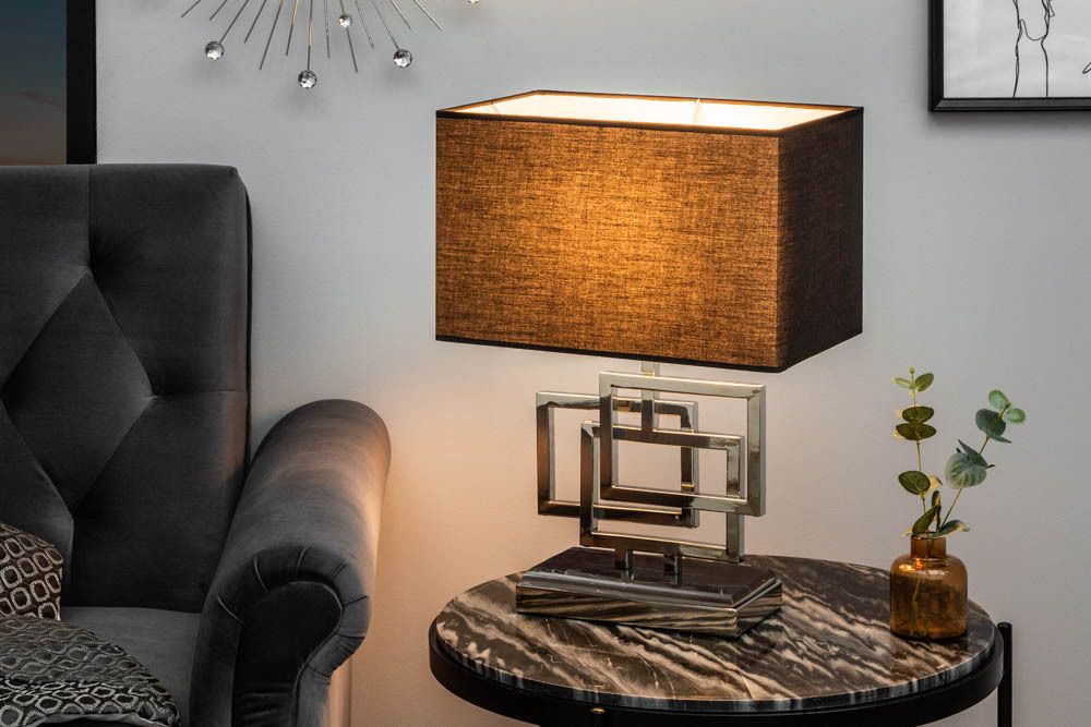 Moderne Tischleuchte ATLANTIS 56cm silber Stoffschirm schwarz Marmor Lampe