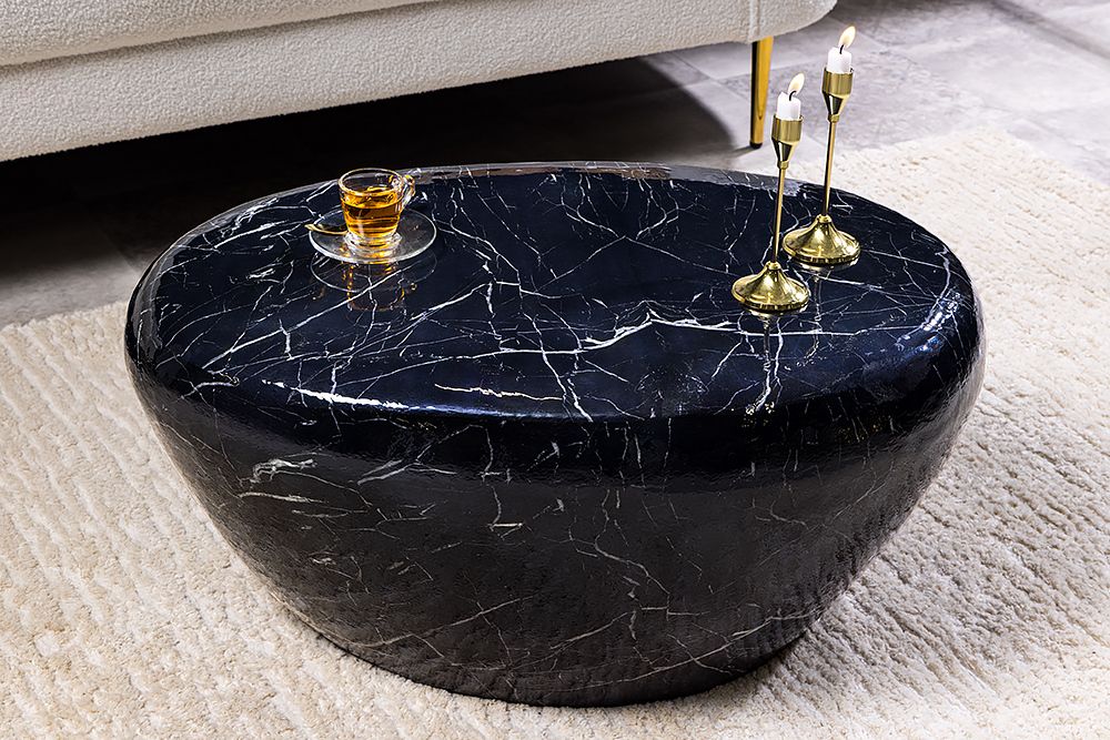 Handgefertigter Couchtisch STONE 75cm schwarz Marmor-Design Metall