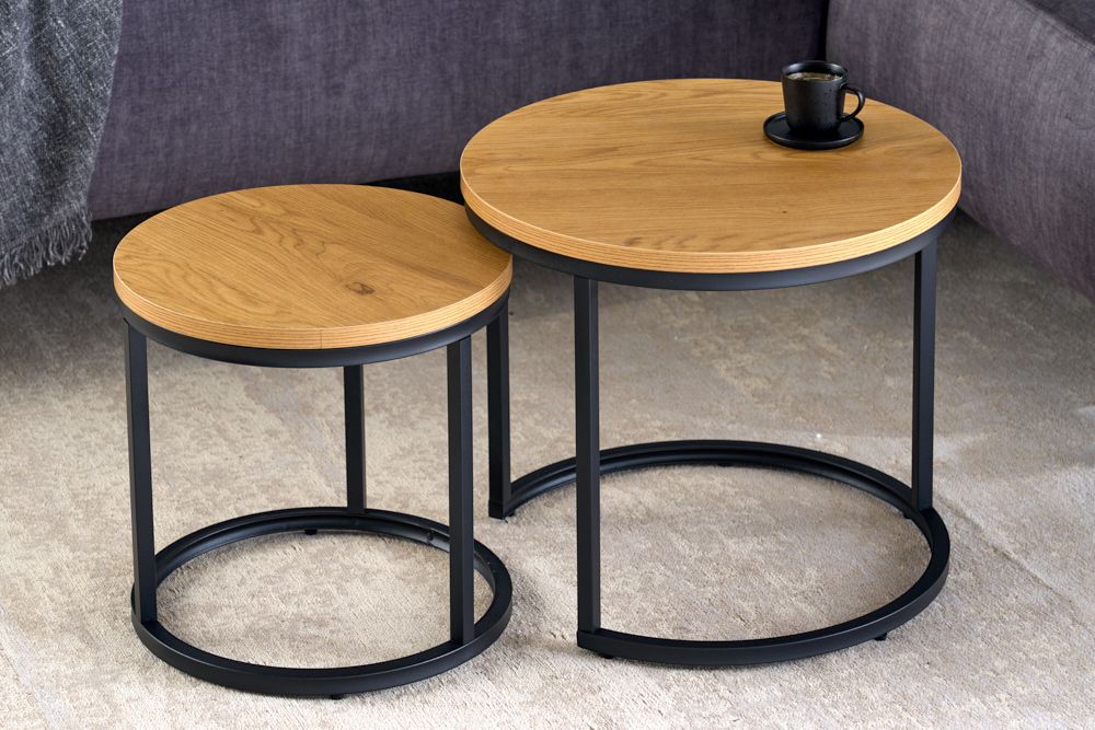 Runde Beistelltische 2er Set ELEGANCE 45cm natur Wildeiche-Design Holz schwarzes Metallgestell