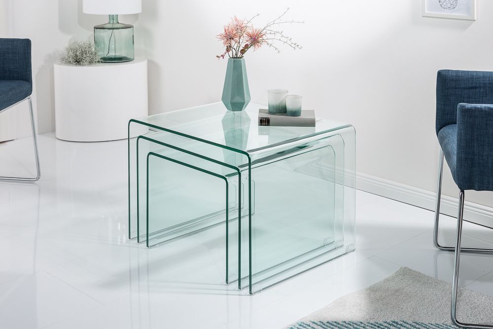 Design 3er Set Glas Couchtisch FANTOME 60cm Beistelltische transparent
