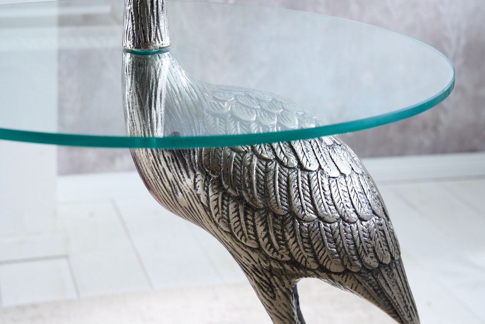 Runder Beistelltisch WILDLIFE HERON 90cm silber Metall Glas Fischreiher Skulptur handmade