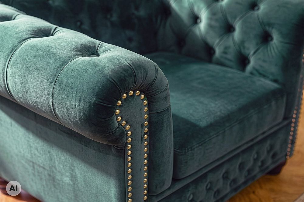 Barocker Sessel CHESTERFIELD petrol Samt Federkern goldene Nieten mit Knopfheftung