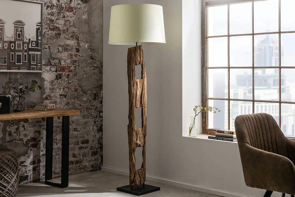 Massive Stehlampe BARRACUDA 177cm natur Akazienholz Baumwollschirm weiß Baumstamm