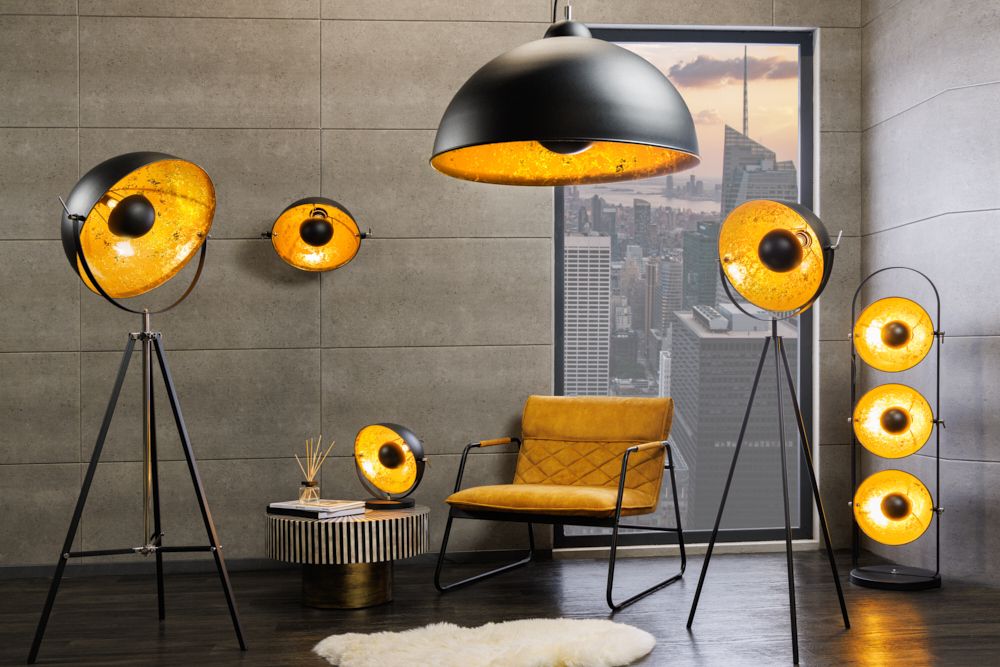 Industrial Design Tischlampe STUDIO 40cm schwarz Blattgold-Optik neigbarer Schirm