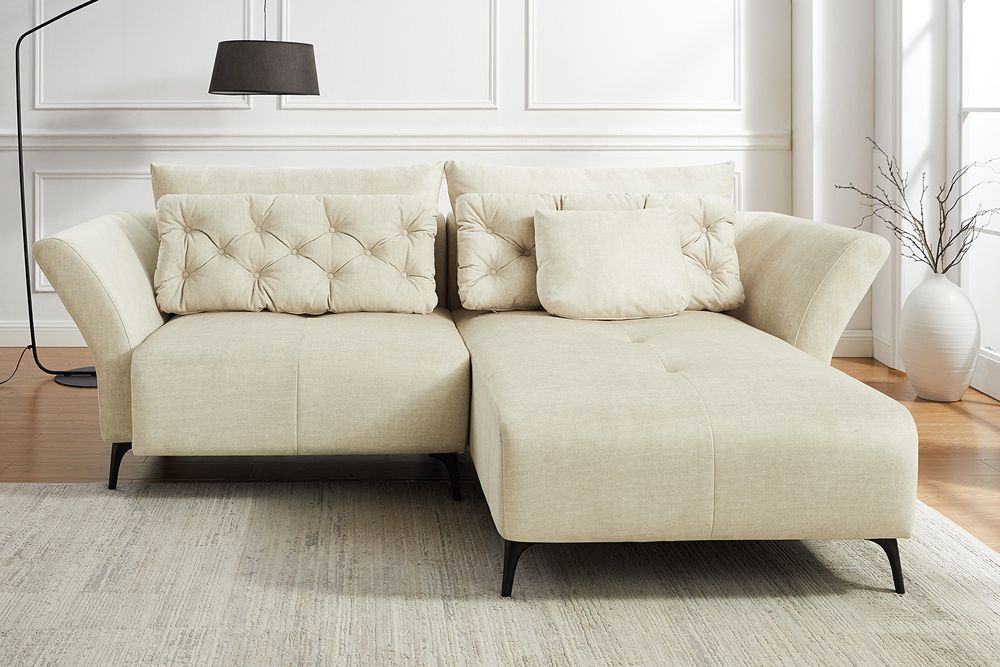 Modernes Ecksofa MARRAKESCH 265cm beige Samt 3-Sitzer inkl. Kissen Ottomane rechts