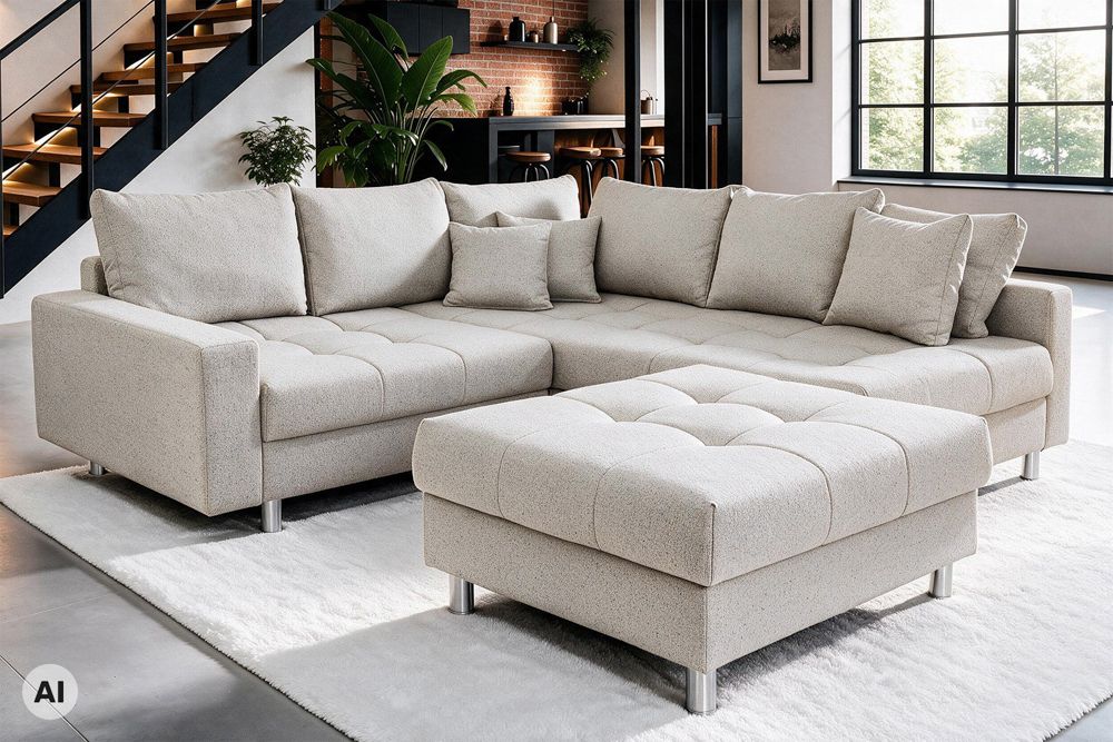 Wohnlandschaft KENT 220cm beige Strukturstoff  Ecksofa Federkern inkl. Hocker