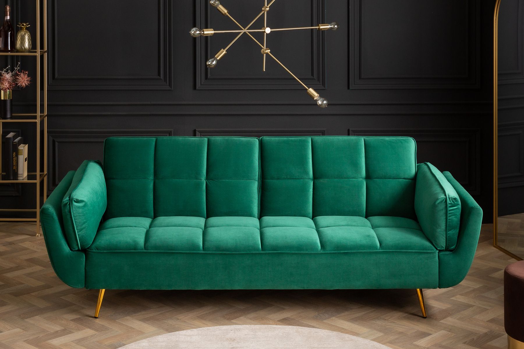 Retro Schlafsofa BOUTIQUE 215cm smaragdgrün Samt 3-Sitzer mit goldenen Füßen