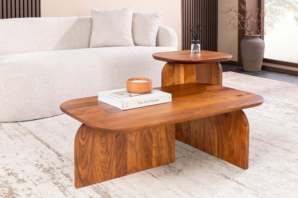2er Set Couchtische GATSBY 100cm braun Akazienholz organische Form Beistelltisch