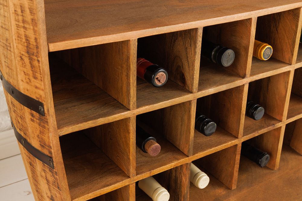 Vintage Weinregal BODEGA 90cm natur Mangoholz Barschrank Fass für 15 Flaschen
