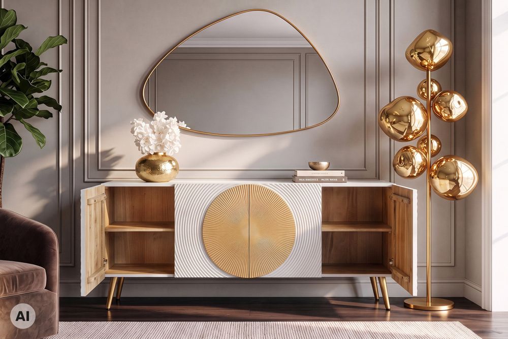 Massives Sideboard AURUM 180cm weiß Mangoholz mit ikonischem Gold-Element