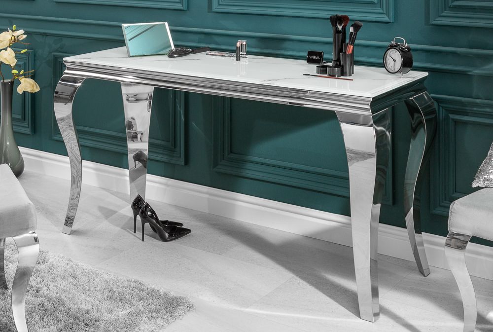 Eleganter Konsolentisch MODERN BAROCK 145cm mit Glasplatte Marmoroptik Edelstahlbeine