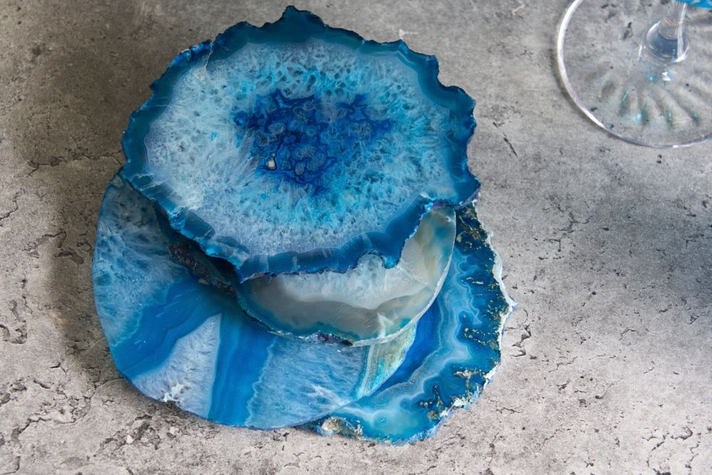4er Set Untersetzer für Gläser COASTER 10cm blau Edelstein Achat Quarz handmade
