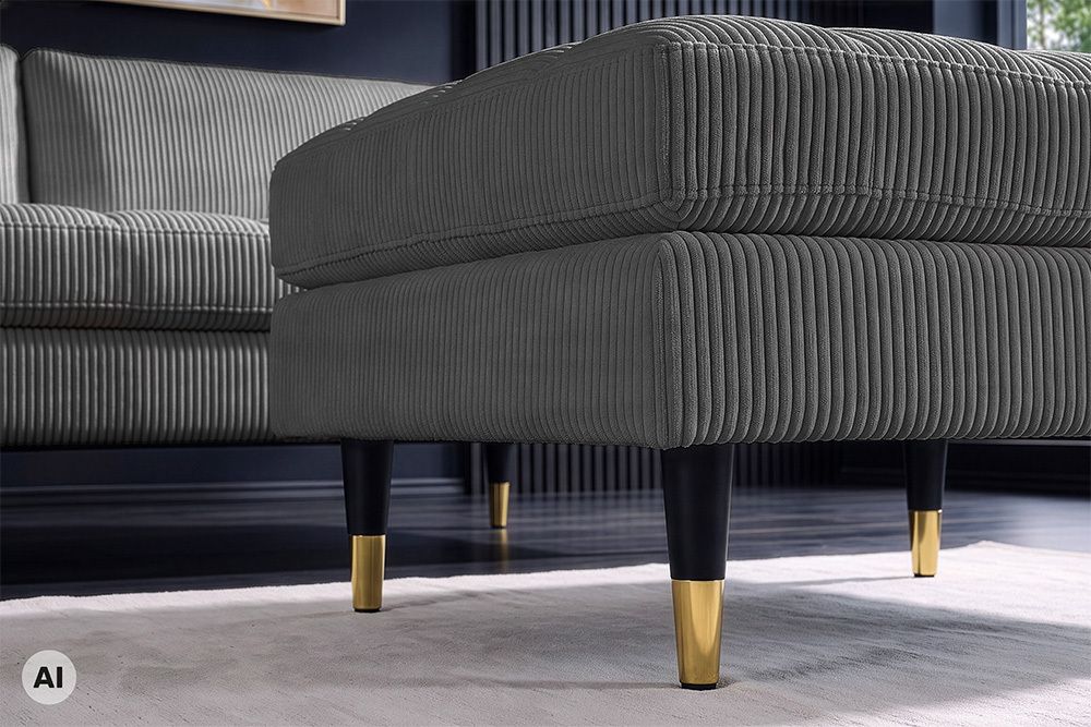 Design Hocker COZY VELVET 80cm grau Cord schwarz mit goldener Metallkappe