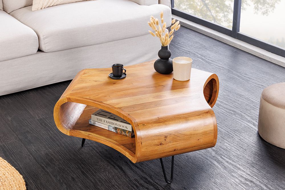 Massiver Couchtisch ORGANIC LIVING 90cm braun honey finish Akazienholz  mit Stauraum