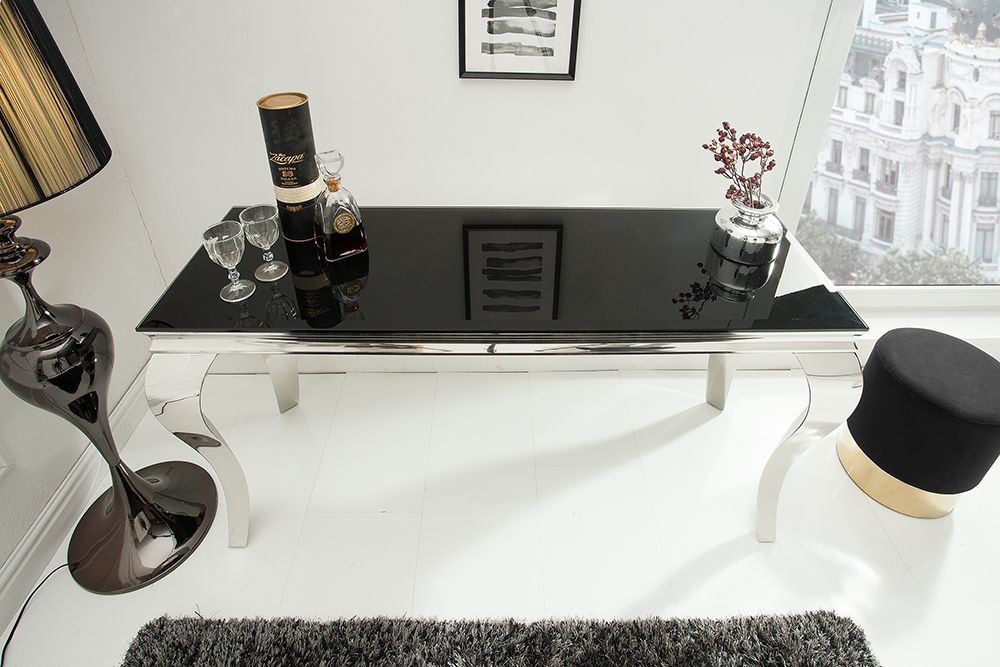 Eleganter Konsolentisch MODERN BAROCK 145cm schwarz Opalglas Edelstahlbeine