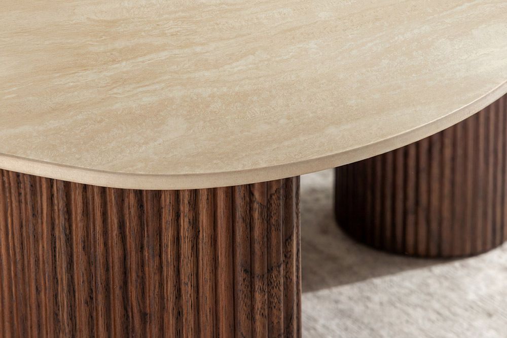 2er Set Couchtische OSAKA 120cm champagner greige Travertin Keramik Walnuss