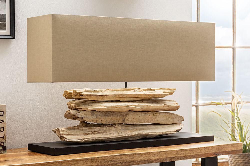 Handgearbeitete Tischlampe RIVERINE 80cm beige Treibholzfuß mit Leinenschirm