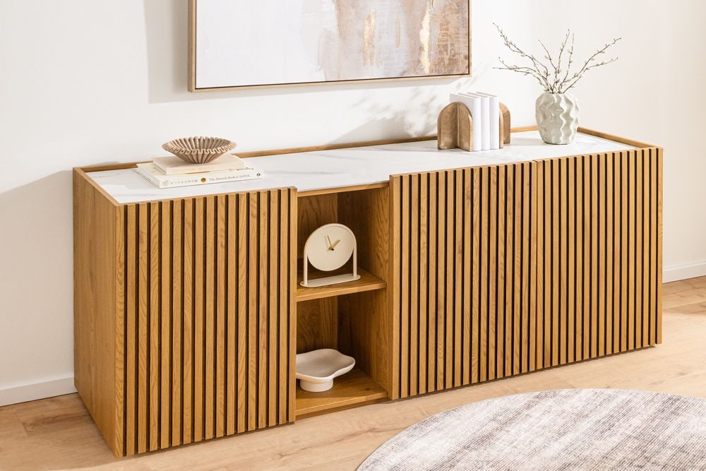 Design Sideboard VICENZA 180cm weiß Keramik natur Eiche Lamellenfront