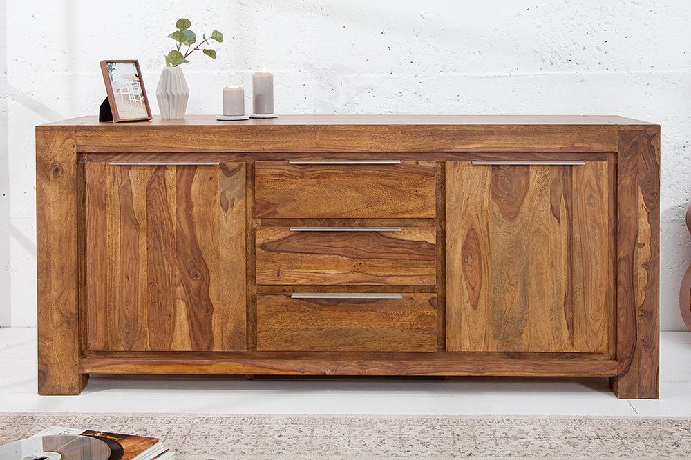 Massivholz Sideboard MAKASSAR 175cm braun Sheesham stone finish Kommode mit Schubladen