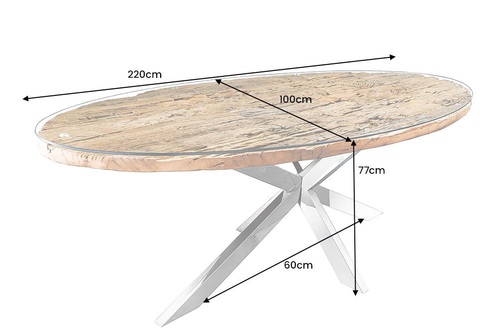 Massiver Esstisch BARRACUDA 220cm braun Teakholz silber Sterngestell Glasplatte