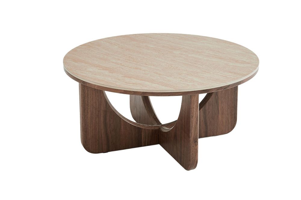 Runder Couchtisch ENSO 80cm champagner greige Travertin Keramik Walnussholz