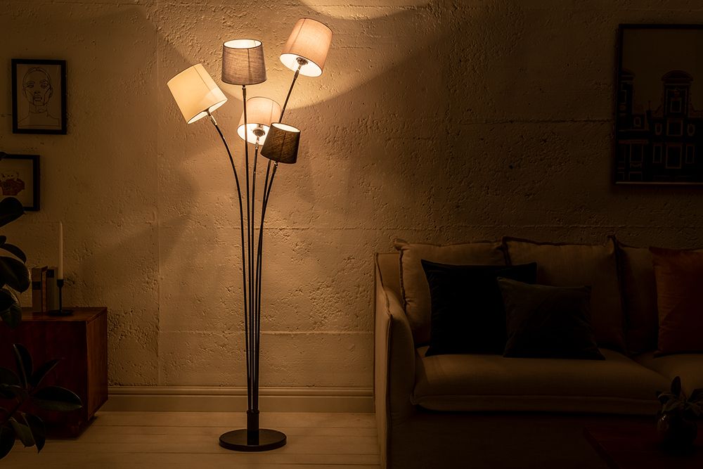 Design Stehlampe LEVELS 176cm schwarz grau mit 5 Leinenschirmen