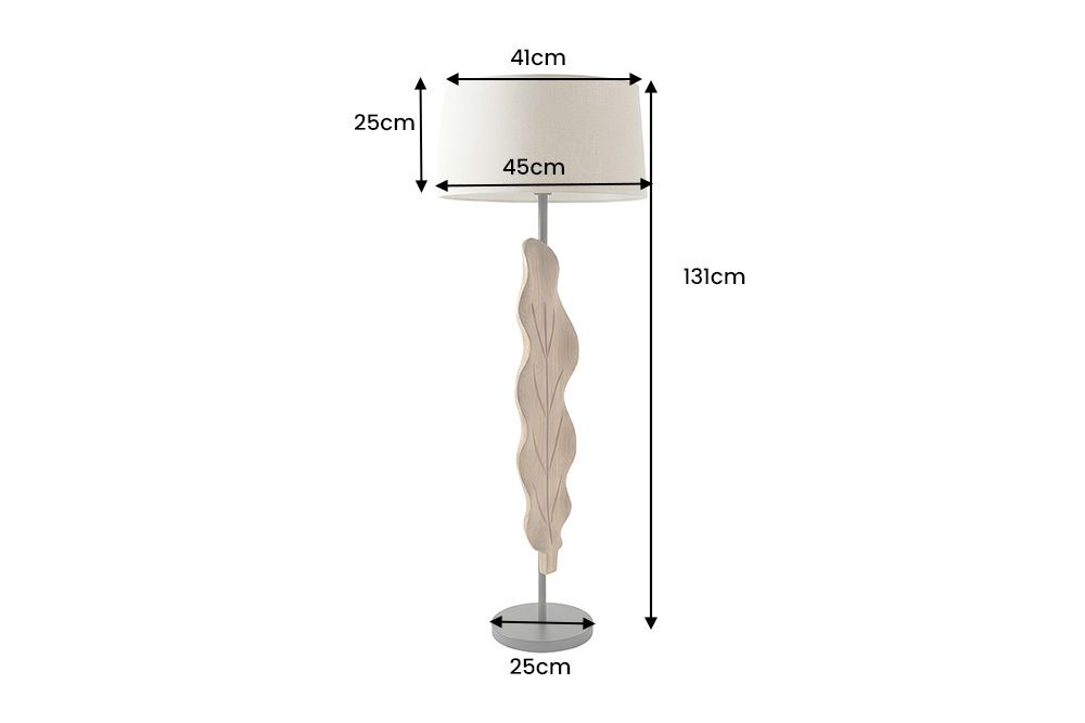 Massive Stehlampe LEAF 130cm weiß natur Teakholz Blatt-Design mit Stoffschirm