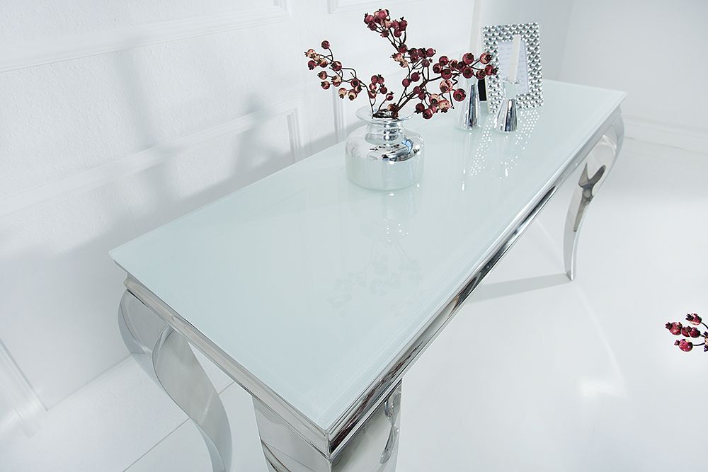 Eleganter Konsolentisch MODERN BAROCK 145cm weiß Edelstahlbeine Opalglas