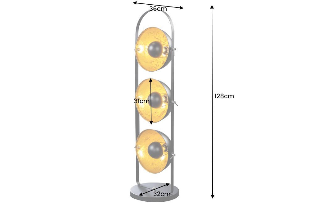 Industrial Stehlampe STUDIO 130cm schwarz Blattgold-Optik 3 neigbare Schirme
