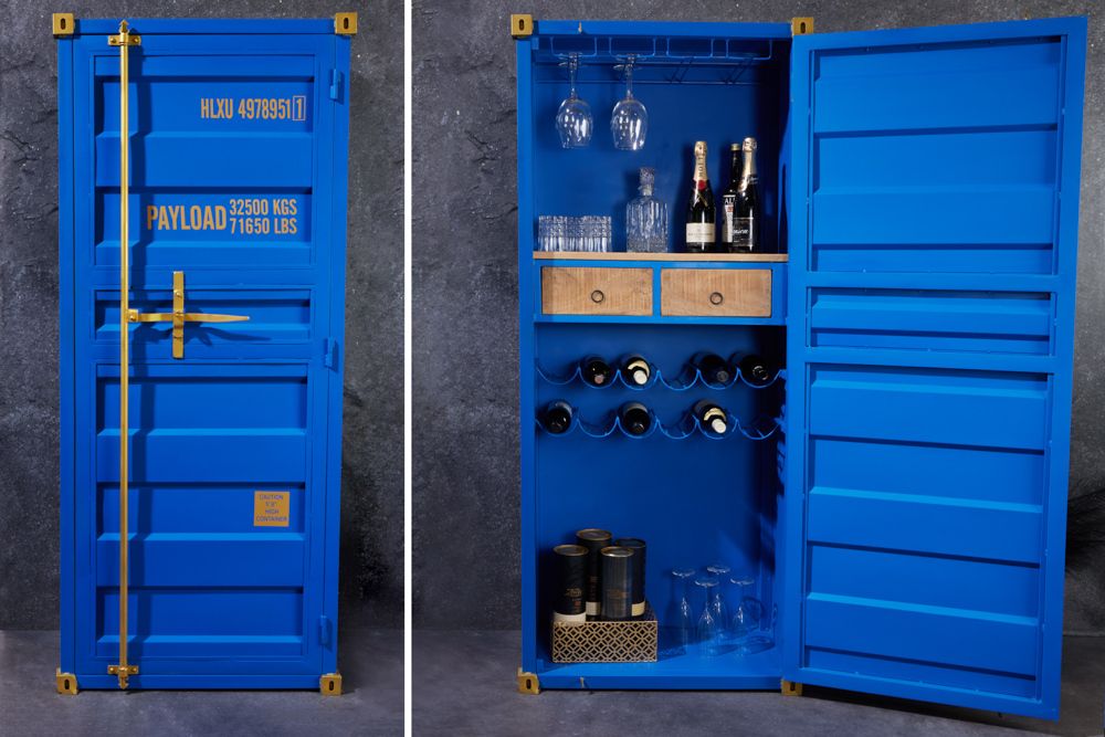 Design Barschrank Container GLOBETROTTER 180cm blau Weinregal Upcycling