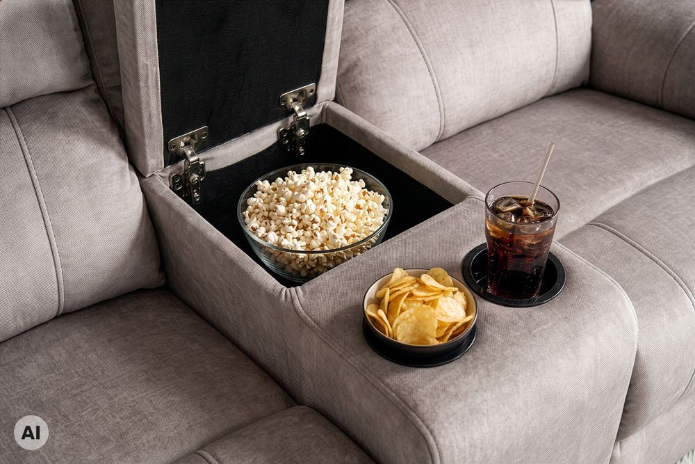 Exklusiver 2er Kinosessel HOLLYWOOD champagner beige hochwertiger Vogue Veloursstoff mit Cupholder