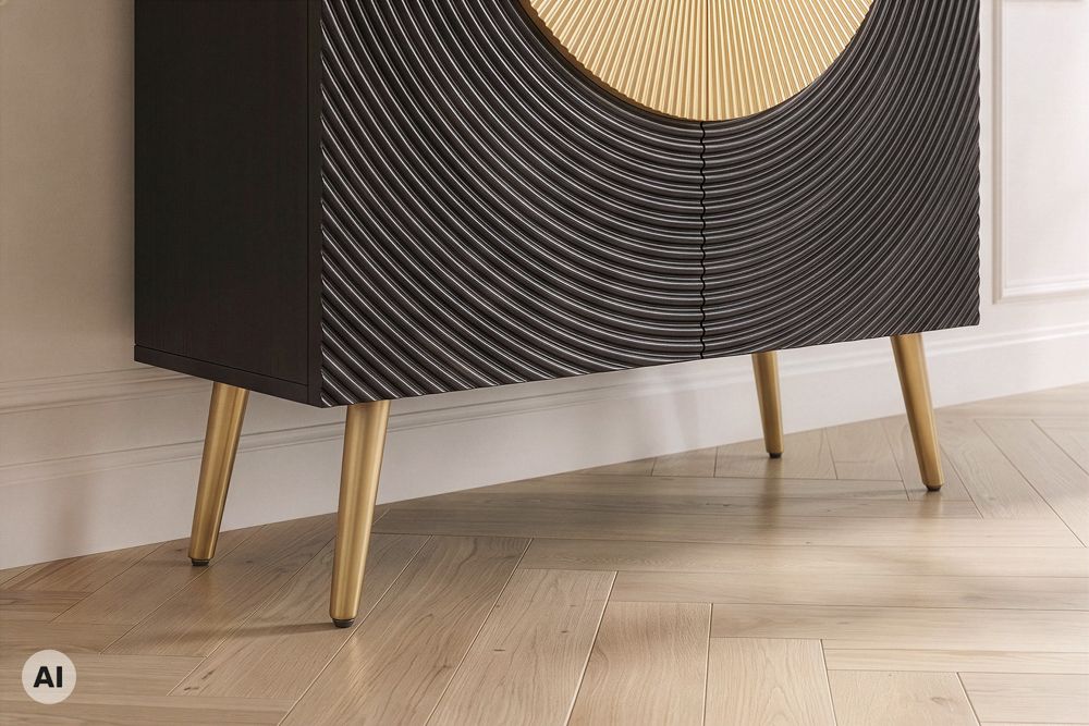 Massives Highboard AURUM 120cm schwarz Mangoholz mit ikonischem Gold-Element