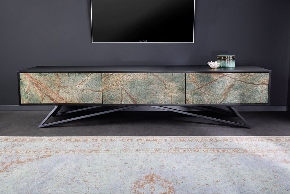 Massivholz TV Lowboard MOUNTAIN SOUL 200cm echter Naturstein Akazie schwarz hängend / stehend
