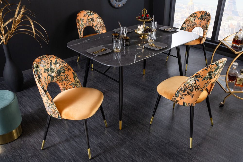 Design Stuhl PRÊT-À-PORTER gelb Samt florales Muster und goldene Fußkappen