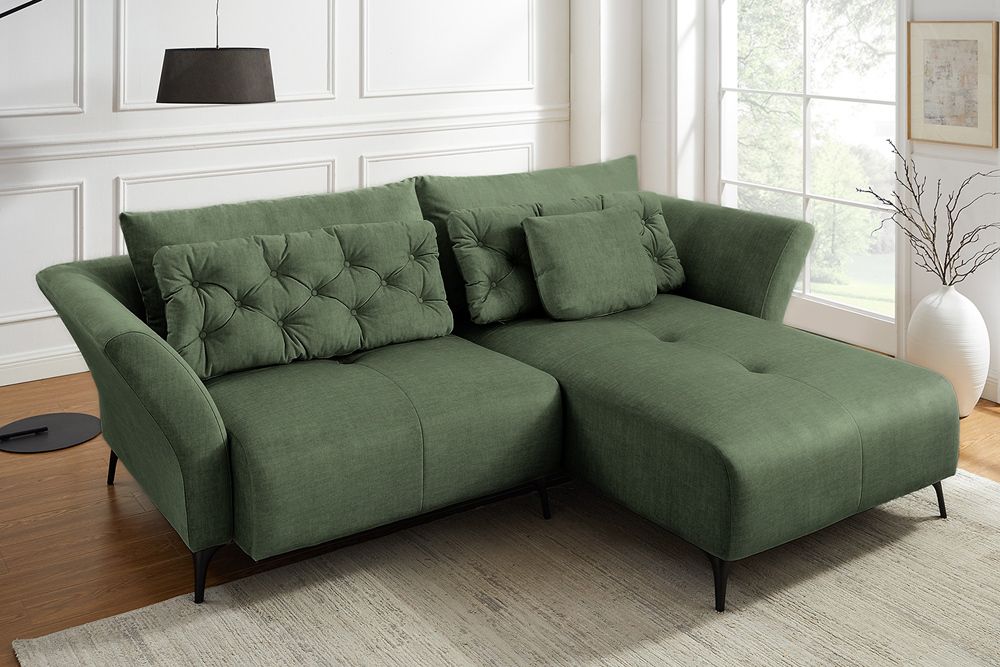 Modernes Ecksofa MARRAKESCH 265cm grün Samt 3-Sitzer inkl. Kissen Ottomane rechts