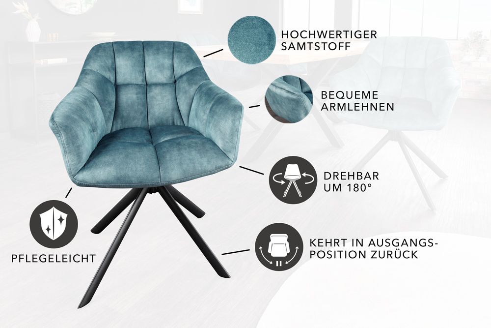 Drehbarer Stuhl PAPILLON petrol Samt schwarze Metallbeine Armlehnen