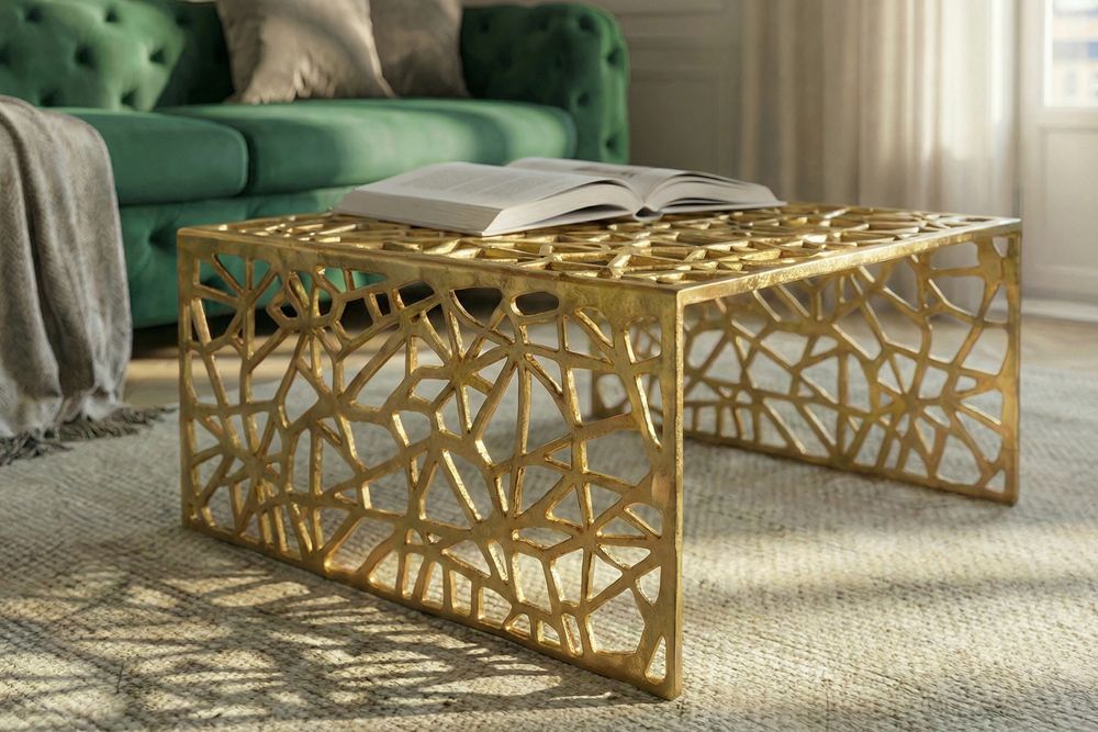 Handgearbeiteter Couchtisch ABSTRACT 60cm Alu gold im Gap Design