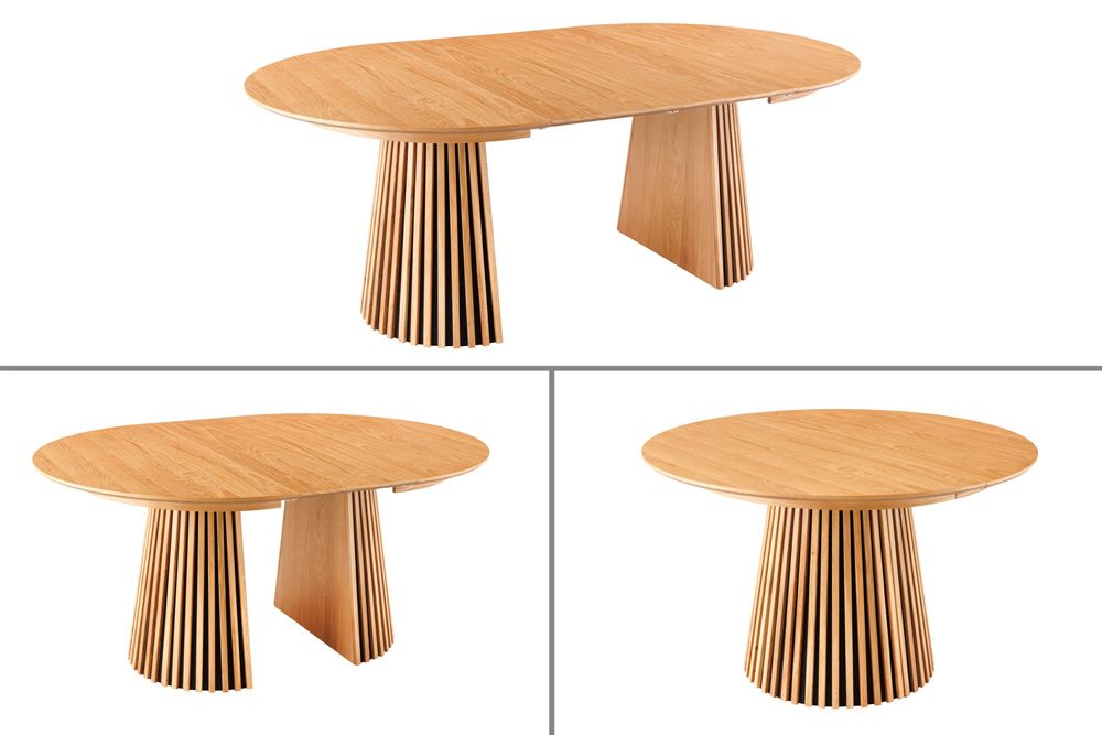Ausziehbarer Esstisch VALHALLA WOOD 120-160-200cm natur Eichenholz oval Säulenfuß